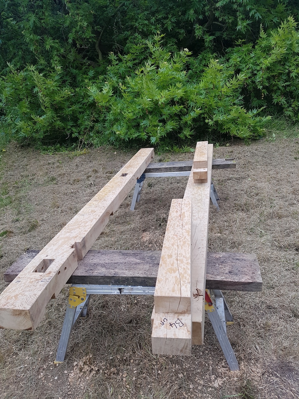 Two large wooden beams sit atop saw horses on grass, with green bushes visible in the background.